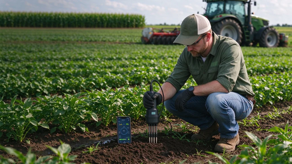Soil detector probe inserted in sandy farmland beside tablet