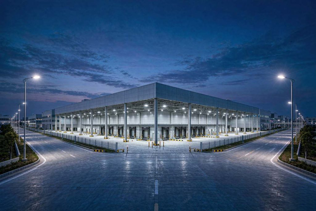 Warehouse and industrial park illuminated by LED high bay lighting at dusk
