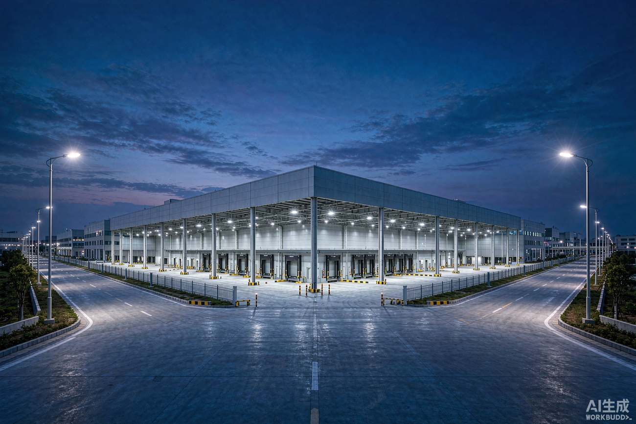 Industrial park and warehouse illuminated by LED high bay lighting at dusk