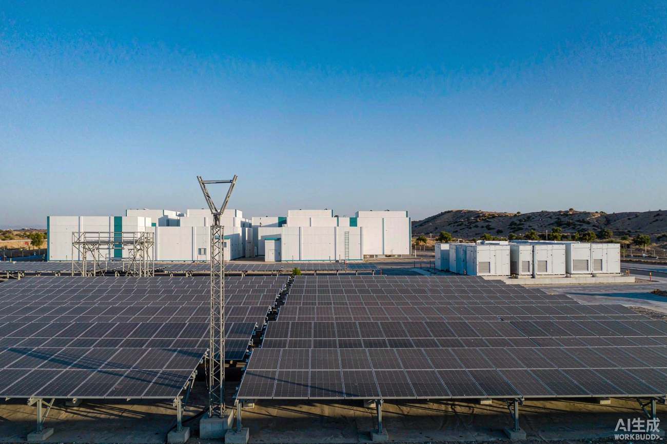 Solar panels and lithium battery storage cabinets at a Middle East industrial park