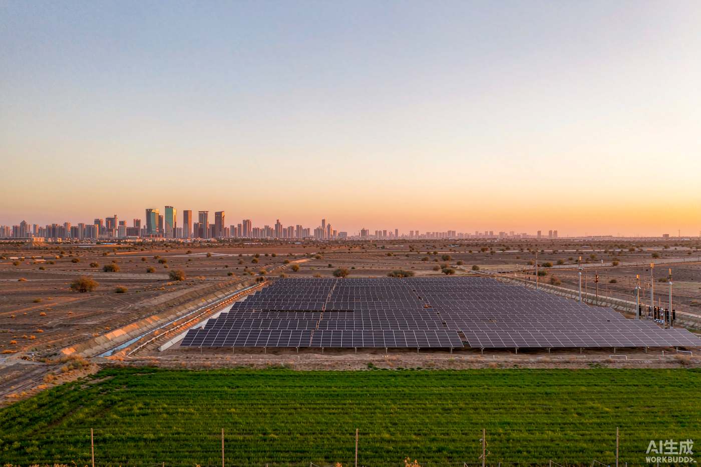 Solar array beside irrigated farmland in an arid Middle East landscape at sunset