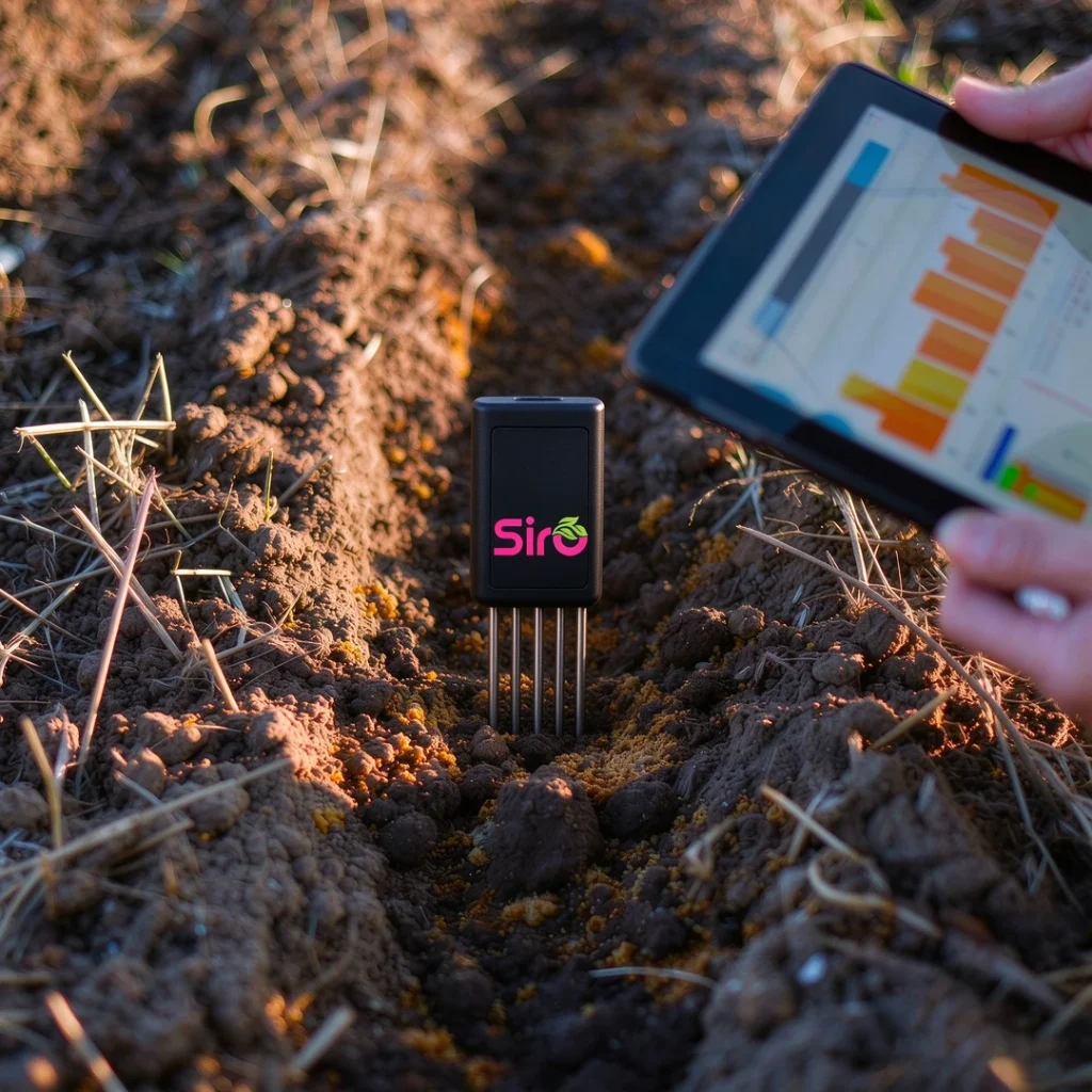 Stainless steel soil detector probe inserted in sandy farmland soil with tablet showing readings